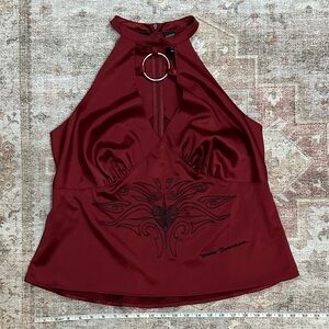 Woman’s Vintage Harley-Davidson Maroon Satin-Like Embroidered Dress Shirt